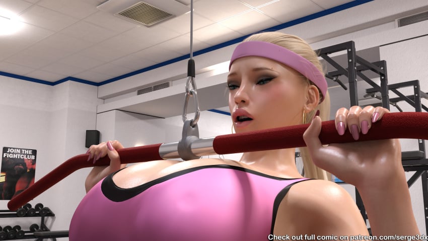 1girls 3d blonde_hair blue_eyes breasts ceiling cleavage covered_nipples exercise female female_only fingernails gym gym_clothing headband huge_breasts indoors large_breasts lat_machine lips long_fingernails long_hair open_mouth parted_lips pink_lipstick pink_nail_polish pink_nails ponytail samantha_(serge3dx) serge3dx solo sweat teeth training upper_body watermark working_out