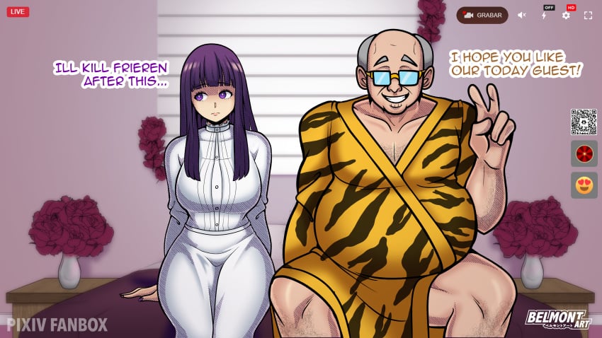 1boy 1girls age_difference bed before_sex belmont big_ass big_breasts big_butt clothed fat_man fern_(sousou_no_frieren) glasses livestream long_hair older_male purple_hair size_difference sousou_no_frieren thick_thighs thighhighs thighs ugly_bastard ugly_man v_sign webcam wide_hips younger_female