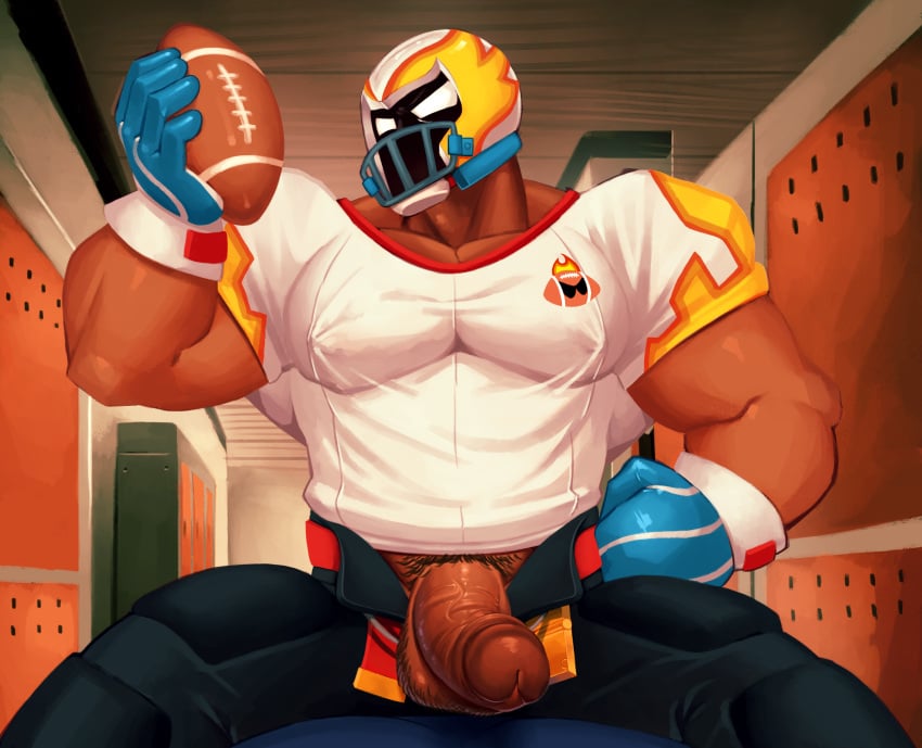 1boy abs alternate_costume american_football_(object) american_football_helmet american_football_uniform ataok ball bara biceps big_penis brawl_stars clothed clothing covered_nipples cowboy_shot dark-skinned_male dark_skin el_primo_(brawl_stars) el_quarterback_(brawl_stars) flexing football football_(ball) front_view gay girthy_penis gloves hairy_balls head_tilt helmet highres large_pectorals locker locker_room looking_at_viewer lovka luchador male male_focus male_only mostly_clothed muscular muscular_male nipples nipples_visible_through_clothing open_fly pecs pectorals penis penis_out pointing pointing_forward rugby_ball shirt solo solo_male sportswear spread_legs standing thick_thighs thighs uncensored veins veiny_penis wrestling wrestling_outfit