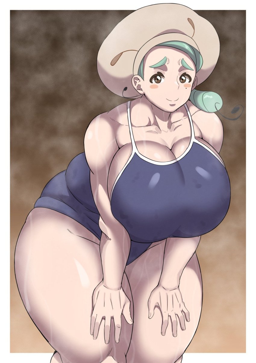 1girls alternate_breast_size blush breasts brown_eyes embarrassed female game_freak green_hair gym_leader hands_on_knees hat hips huge_breasts katy_(pokemon) leaning_forward light-skinned_female light_skin looking_at_viewer mature_female milf mother nintendo one-piece_swimsuit oryuto pokemon pokemon_sv swimsuit thick_thighs thighs venus_body voluptuous wide_hips