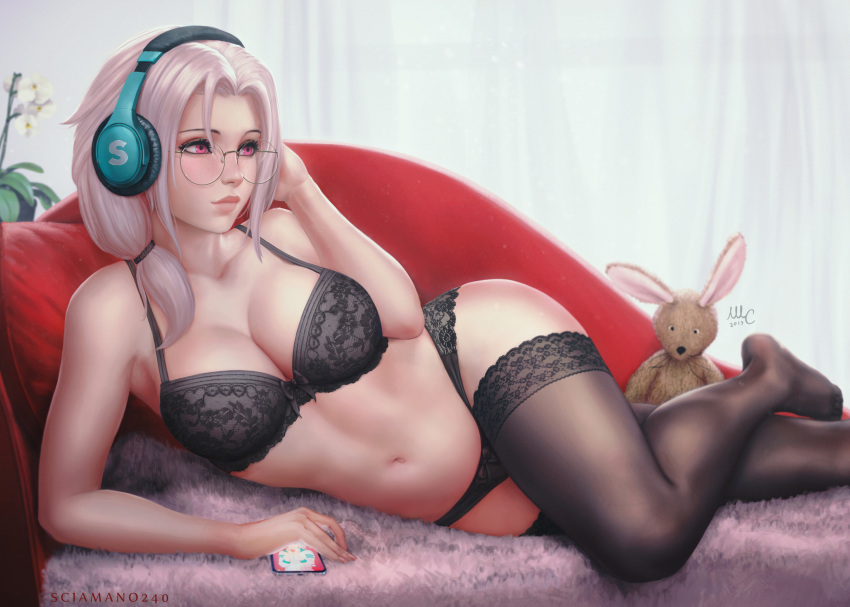 1female 1girls big_breasts big_thighs black_bra black_panties black_pantyhose black_thighhighs chloe_(sciamano240) confused confused_face confused_look exposed_belly female glasses headphones looking_away mirco_cabbia oc original original_character pink_eyes pink_hair red_pillow sciamano240 signature smartphone solo solo_female solo_focus wide_hips