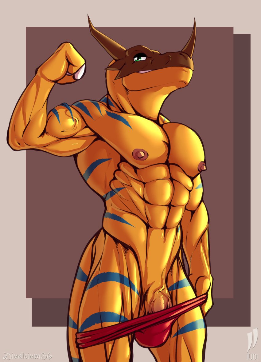 3_fingers abs anthro bandai_namco clothed clothing digimon digimon_(species) dinosaur fingers flexing flexing_bicep genitals greymon hi_res iudicium86 male_only nipples partially_clothed pecs penis reptile scalie solo stripes underwear underwear_down vein veiny_penis