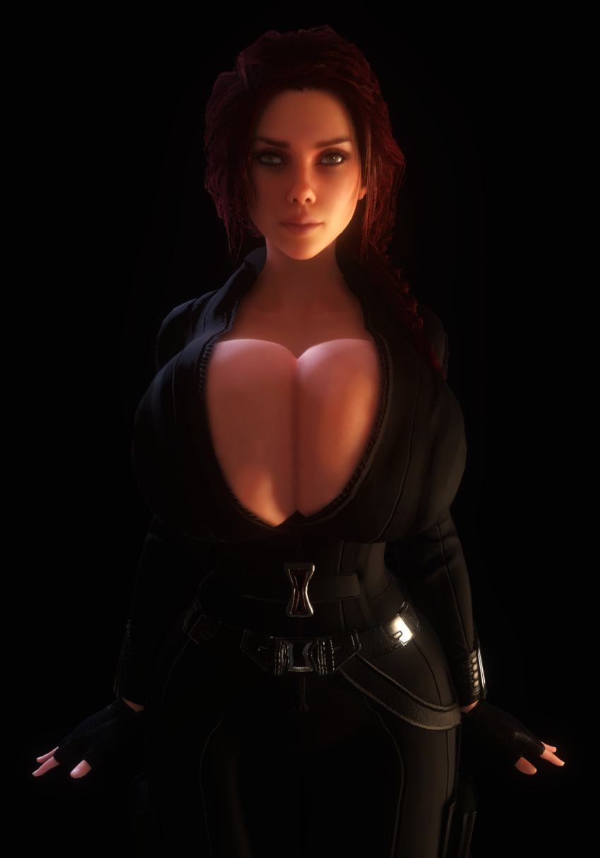 1girls 3d 3d_(artwork) alternate_breast_size black_widow_(marvel) bodysuit breasts_bigger_than_head cleavage clothed clothed_female female female female_only female_solo fingerless_gloves gigantic_breasts gloves green_eyes hourglass_figure huge_breasts human human_female human_only looking_at_viewer marvel marvel_cinematic_universe natasha_romanoff open_bodysuit open_clothes red_hair skin_tight small_waist solo solo_female thin_waist top_heavy unzipped unzipped_bodysuit vaako wasp_waist wide_hips