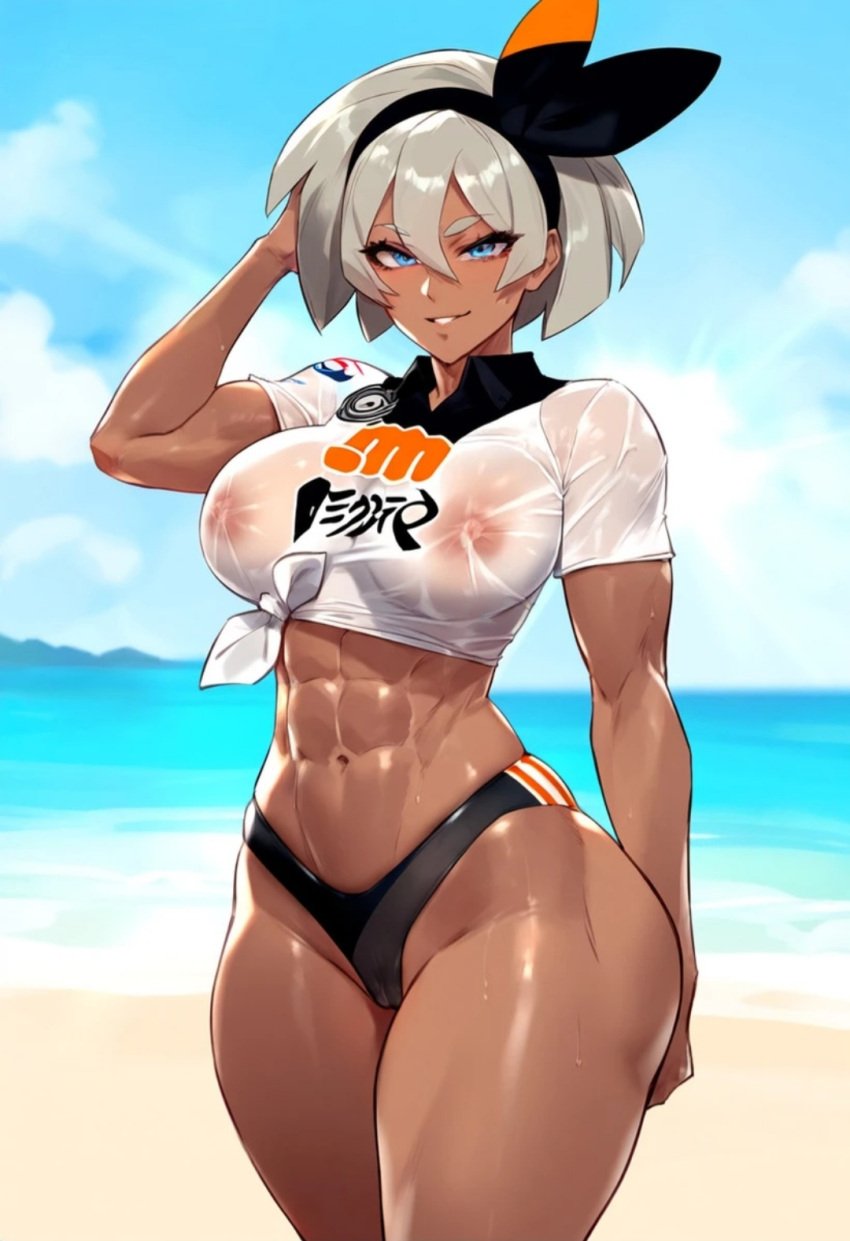 1girls abs ai_generated bare_arms bare_legs bare_shoulders bare_thighs bea_(pokemon) beach big_breasts big_penis bikini bikini_bottom bikini_top clothed clothing color dark-skinned_female dark_skin female female_focus female_only fit_female game_freak grey_eyes grey_hair gym_leader hi_res looking_at_viewer muscles muscular muscular_female nintendo nipples_visible_through_clothing pokemon pokemon_ss pokemon_trainer sand sea short_hair solo solo_female thick_thighs water wet_shirt