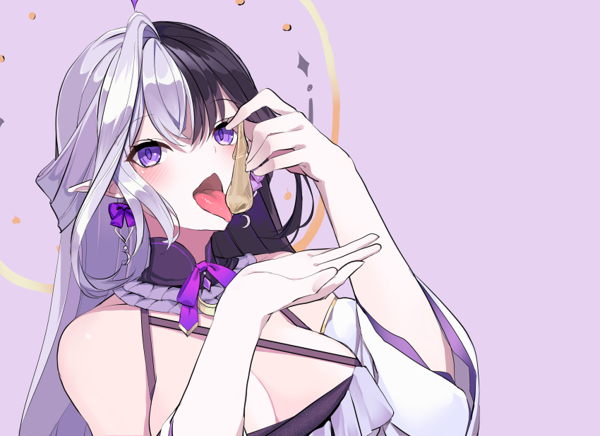 absurd_res absurdres algorhythm_project bisexual bisexual_(female) black_hair commission condom detached_sleeves eileennoir female heterosexual hi_res highres purple_eyes purple_ribbon ribbon skeb_commission tongue tongue_out used_condom virtual_youtuber white_hair white_sleeves yanagui