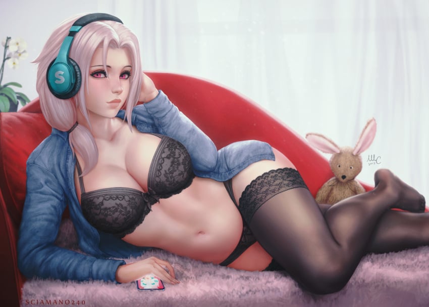 1female 1girls big_breasts big_thighs black_bra black_panties black_pantyhose black_thighhighs chloe_(sciamano240) confused confused_face confused_look exposed_belly female headphones looking_at_viewer looking_away mirco_cabbia oc original original_character pink_eyes pink_hair red_pillow sciamano240 shirt signature smartphone solo solo_female solo_focus unbuttoned_shirt wide_hips