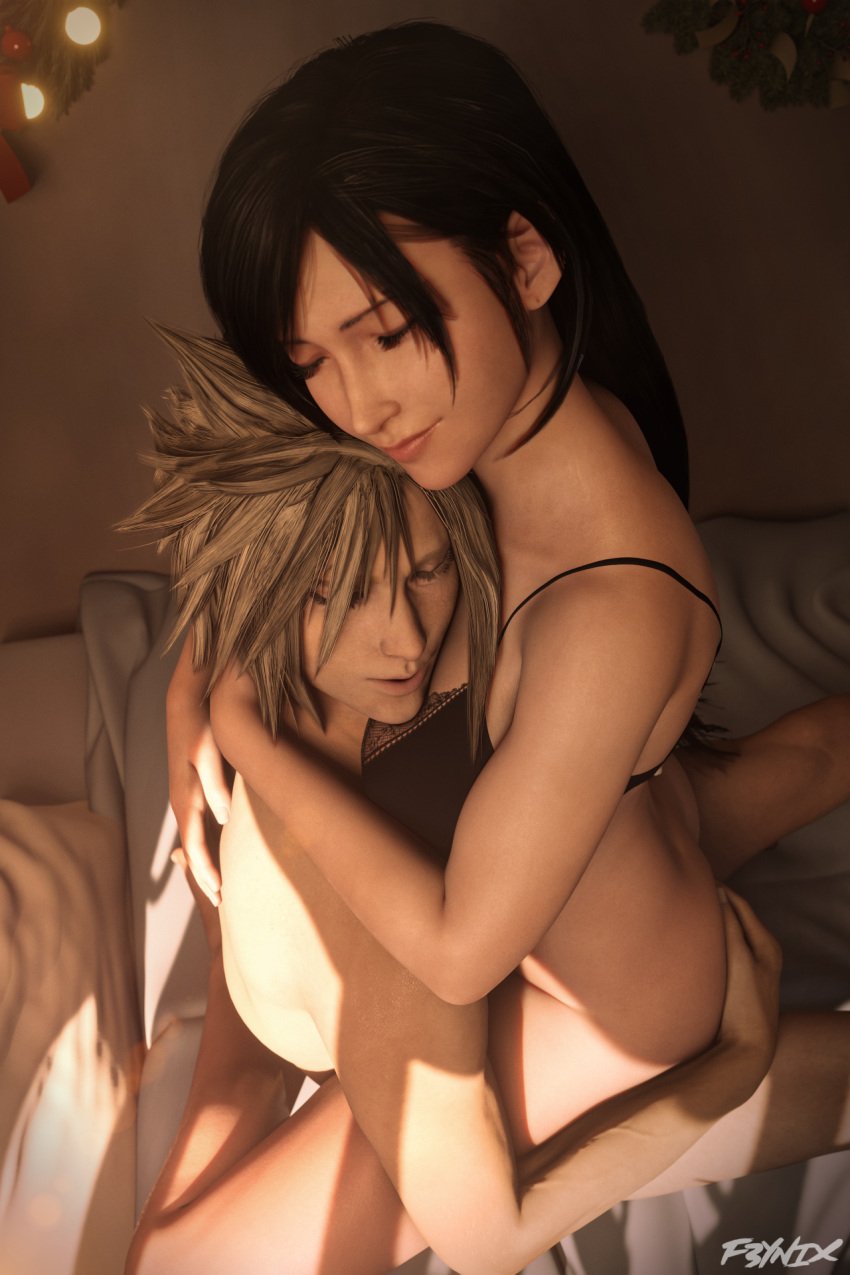 1boy 1boy1girl 1girls 3d 3d_model black_hair blonde_hair bra bra_only christmas christmas_decorations christmas_ornaments cloud_strife embrace embracing f3ynix female female_human female_on_top final_fantasy final_fantasy_vii final_fantasy_vii_remake green_eyes light-skinned_female light-skinned_male light_skin loving_embrace male merry_christmas pillow red_eyes square_enix straight tender tifa_lockhart