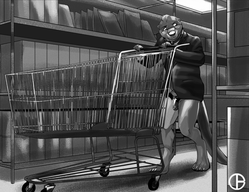 4_toes anthro black_and_white black_clothing black_topwear black_vest bottomless business_suit ceiling_lights chastity_belt chastity_cage chastity_device claws clothed clothing collar dbruin digital_media_(artwork) digitigrade embarrassed eyewear feet glasses groceries grocery_store hair hand_on_object looking_around male male_only mammal monochrome mustelid necktie otter public public_exposure pushing_cart raised_arm shelf shirt shopping_cart shy solo suit tail_down toe_claws toes topwear vest walking watermark white_clothing white_shirt white_topwear worried worried_look