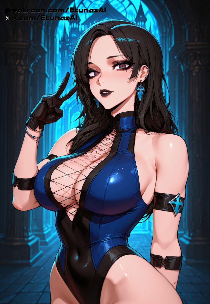 ai_generated black_hair etunazai female goth goth_girl kitana large_breasts mortal_kombat v-sign
