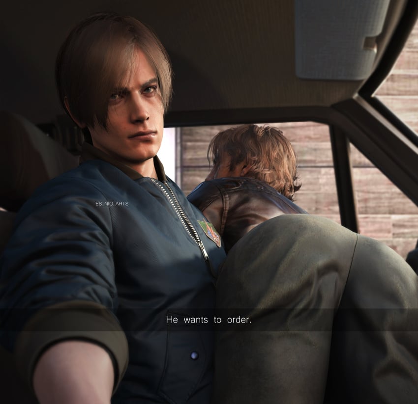 3d 3d_model ass ass_focus blonde_hair blue_eyes brown_hair butt_focus clothed clothed_ass clothed_male_clothed_male es_nio_arts_(artist) he_wants_to_order inside_car leon_scott_kennedy luis_sera male male/male male_focus male_only male_pov meme meme_reference ordering ordering_food resident_evil resident_evil_4 resident_evil_4_remake selfie selfie_pose