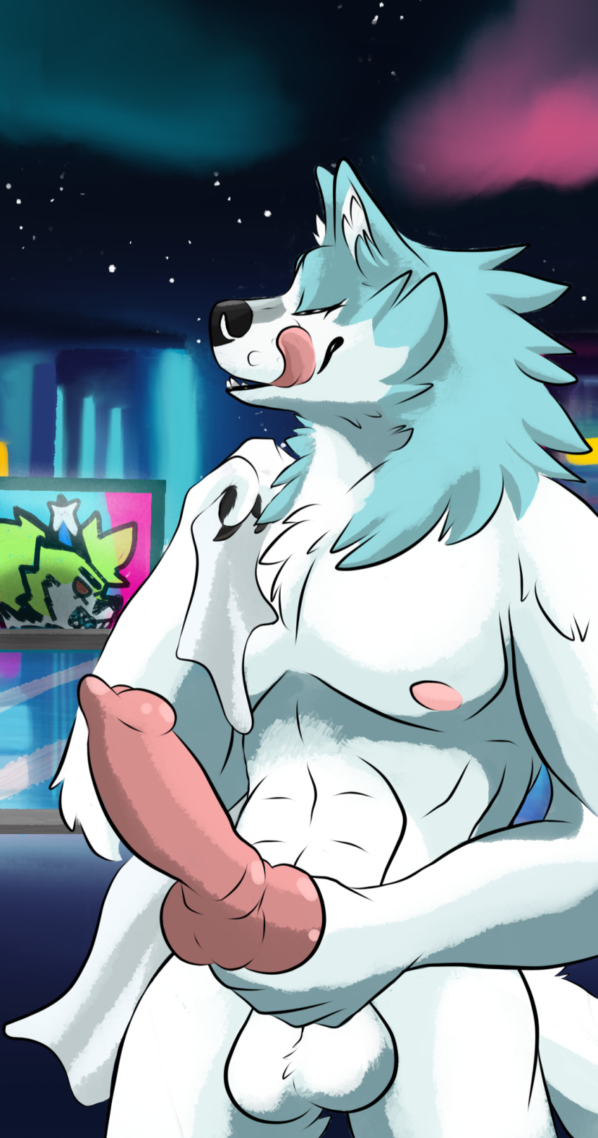 animal_genitalia animal_penis anime_style anthro balls big_penis billboard blue_body blue_eyes blue_fur brand_new_animal canid canine canine_genitalia canine_penis canis city cityscape closed_eyes erection fluffy fur genitals glass green_body hi_res inner_ear_fluff kitchidrachenblut knot looking_away male mammal muscular neck_tuft neon_lights penis penis_grab penis_tip red_eyes rib_cage sheath shirou_ogami slim solo studio_trigger tail terrace thick_thighs tongue tongue_out tuft white_body wolf