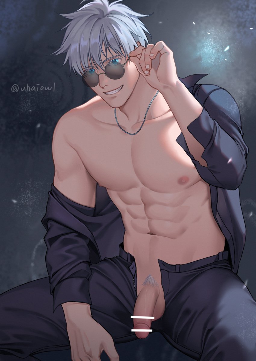 1boy adjusting_eyewear adjusting_glasses adjusting_sunglasses grey_pubic_hair jujutsu_kaisen looking_over_eyewear looking_over_glasses looking_over_sunglasses male male_only muscular_male penis pubic_hair satoru_gojo solo sunglasses tinted_eyewear uhai