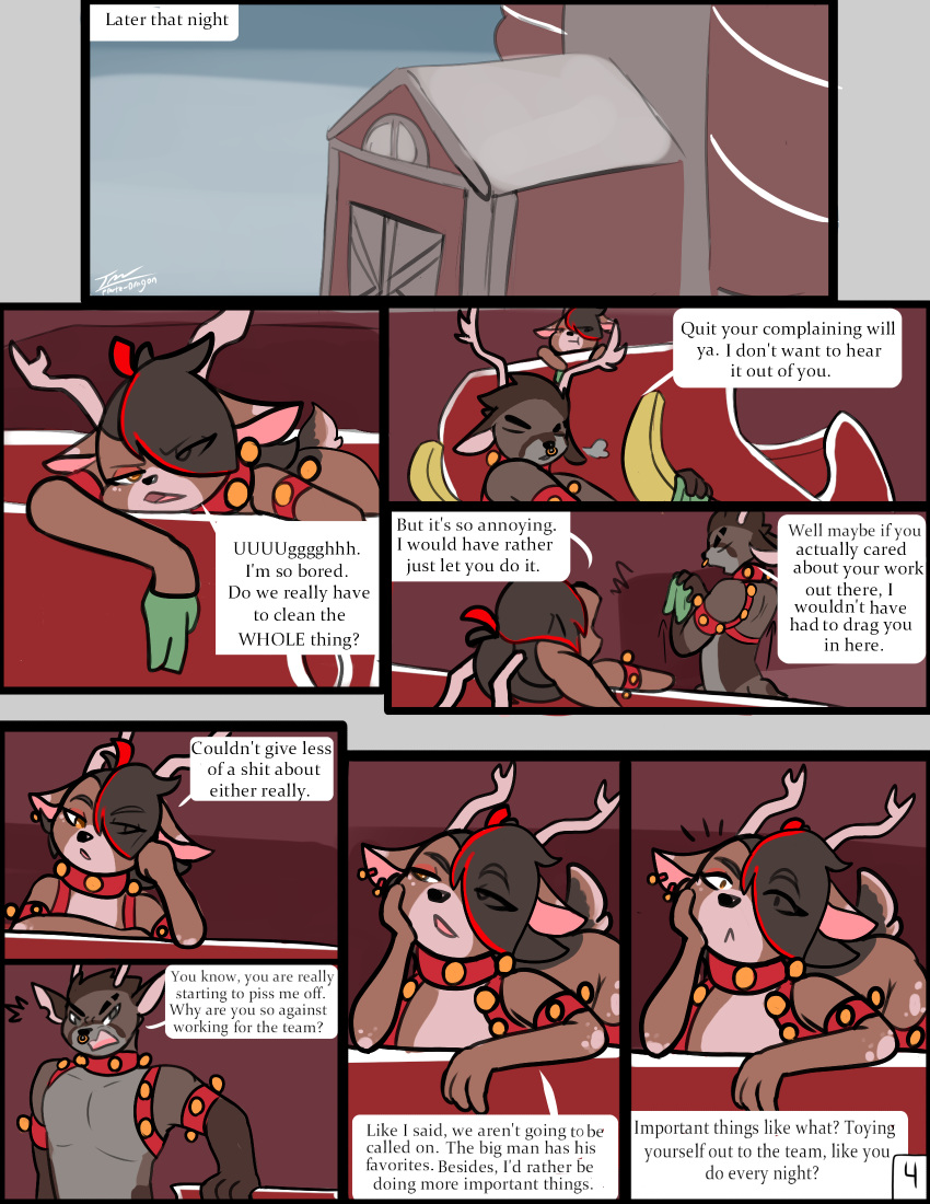 anthro bell brown_body brown_eyes brown_fur coco_(prate) comic deer duo english_text fur hi_res inside male mammal new_world_deer page_4 prate-dragon reindeer sleigh snow speech_bubble text tinsel_(prate) yellow_eyes