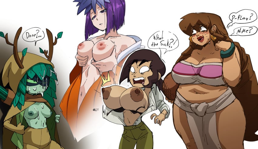 4girls adventure_time areolae armpits big_breasts breast_expansion breasts brown_hair coolerinker dark_nipples dialogue english_text female female_only green_eyes green_hair green_nipples green_skin huntress_wizard inker_comics inkershike inside_job large_breasts lingerie navel nipples open_mouth reagan_ridley speech_bubble teeth text white_background