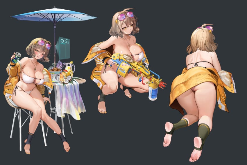 1girls anis_(nikke) anis_(sparkling_summer)_(nikke) ass big_ass big_breasts bikini blonde_hair blush breasts feet goddess_of_victory:_nikke gray_background huge_breasts large_breasts legs multiple_poses multiple_views necklace official_art short_hair sprite stirrup_legwear sunglasses_on_head thick_thighs thighs water_gun white_bikini yellow_eyes