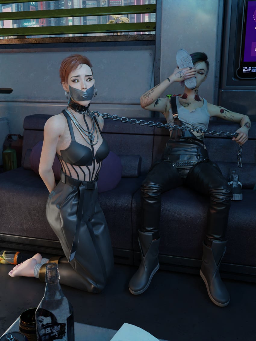 3d aurore_cassel blender bondage chains collar cyberpunk_2077 feet judy_alvarez leather_overalls rope shoe_sniffing short_hair sniffing sniffing_shoe tape tape_gag taped_mouth tattoos theblendertaper tomboy xnalara xps yuri