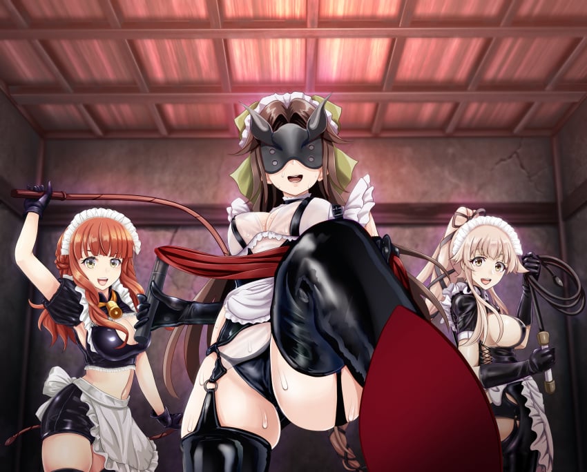 3girls absurd_res apron bondage_outfit brown_hair de_ruyter_(kantai_collection) dominant_female eyem hi_res jintsuu_(kantai_collection) kantai_collection latex latex_gloves looking_at_viewer maid_uniform mask pov red_hair tk8d32 whip yura_(kantai_collection)