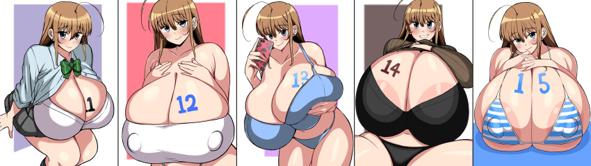 1girls 2022 ahoge areola areolae bandeau big_areola big_breasts bikini black_bra blue_eyes blush bra breast_focus breasts brown_hair bursting_breasts cleavage cleavage_overflow curvaceous curvy curvy_figure edit edited female female_focus front_view gigantic_breasts holding_phone huge_areolae huge_breasts hyper_breasts komusou_(jinrikisha) large_areolae large_breasts light_brown_hair long_hair looking_at_viewer massive_areolae massive_breasts mature_female nipple_bulge number number_on_body oc ooba_minori original original_character overflowing_breasts pale-skinned_female pale_skin phone presenting_breasts smile solo solo_focus striped_bikini sweater sweater_lift swimsuit thick_thighs third-party_edit top_heavy topwear white_border white_bra