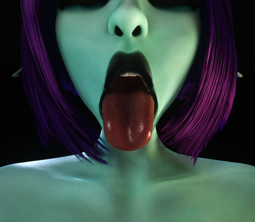 1girls 3d 3d_(artwork) blue_skin close-up extreme_close-up female female female_only female_solo implied_nudity open_mouth purple_hair solo solo_female soria tongue tongue_out vaako