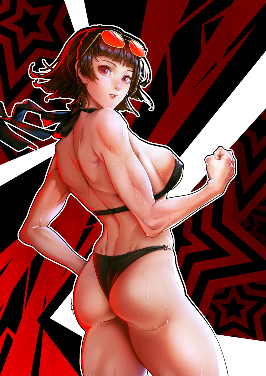 2d ass atlus bikini black_bikini brown_hair female female_only fist looking_at_viewer looking_back makoto_niijima megami_tensei muscular nemodecy partially_nude persona persona_5 red_background red_eyes scarf sega short_hair solo sunglasses sunglasses_on_head sweat thick_thighs