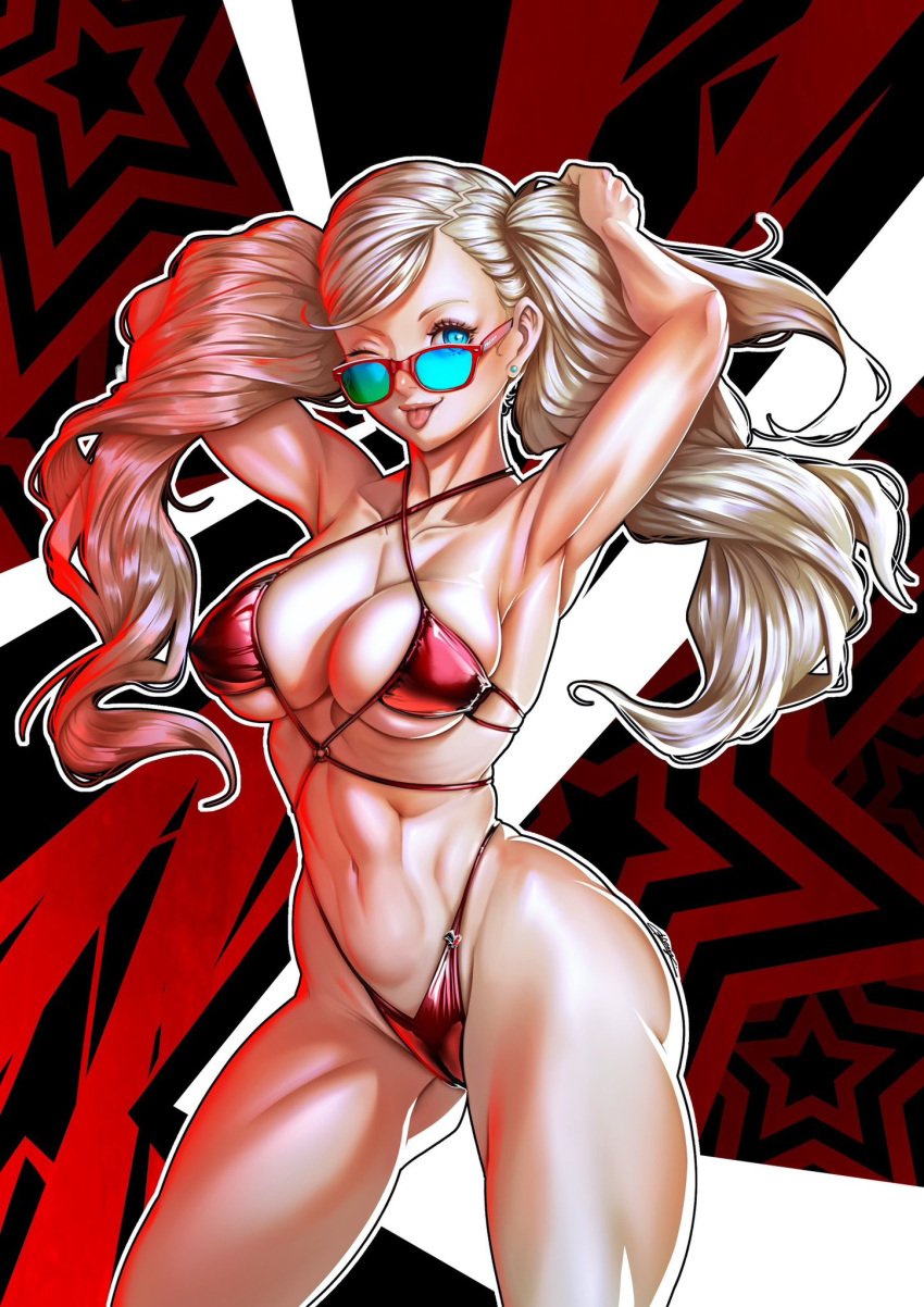 2d ann_takamaki atlus bikini blonde_eyebrows blonde_hair blue-tinted_eyewear blue_eyes breasts earrings female female_only hands_behind_head holding_head legs long_hair looking_at_viewer looking_over_eyewear looking_over_glasses looking_over_sunglasses megami_tensei muscular nemodecy pale_skin partially_nude persona persona_5 red_background red_bikini sega solo string_bikini sunglasses tinted_eyewear tongue_out twintails