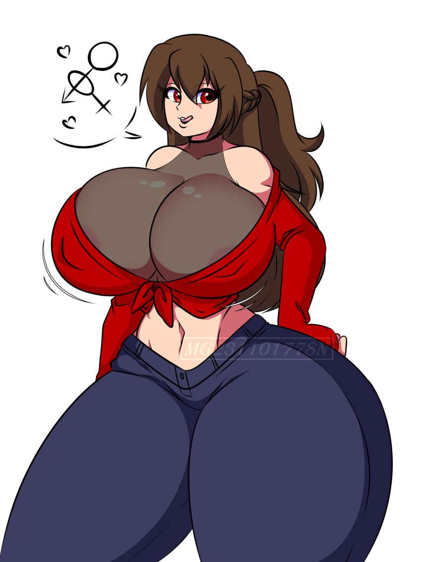 1girls big_penis big_thighs blue_jeans brown_hair busty edit eyelashes female_only kimberley_(wesleygamers24) licking_lips m.grace mg231101778 ponytail red_eyes red_jacket text_bubble wesleygamers24