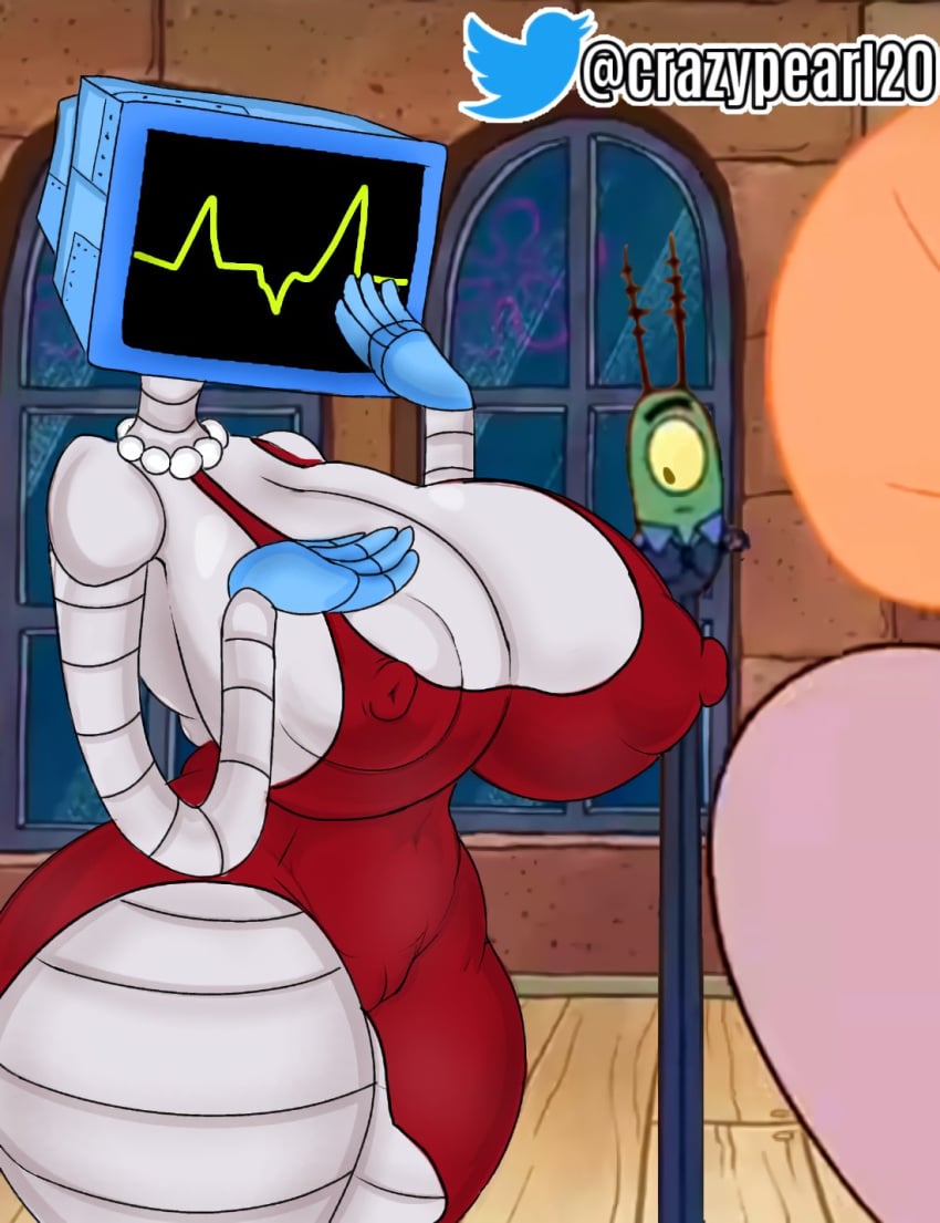 1boy 2d 2girls areolae areolae_peeking breasts canon_couple clothed clothed_female couple crazypearl dress female humanoid karen_plankton large_breasts looking_at_breasts red_dress robot robot_girl robot_humanoid screen_face sheldon_j._plankton spongebob_squarepants suzie_groove tv tv_head