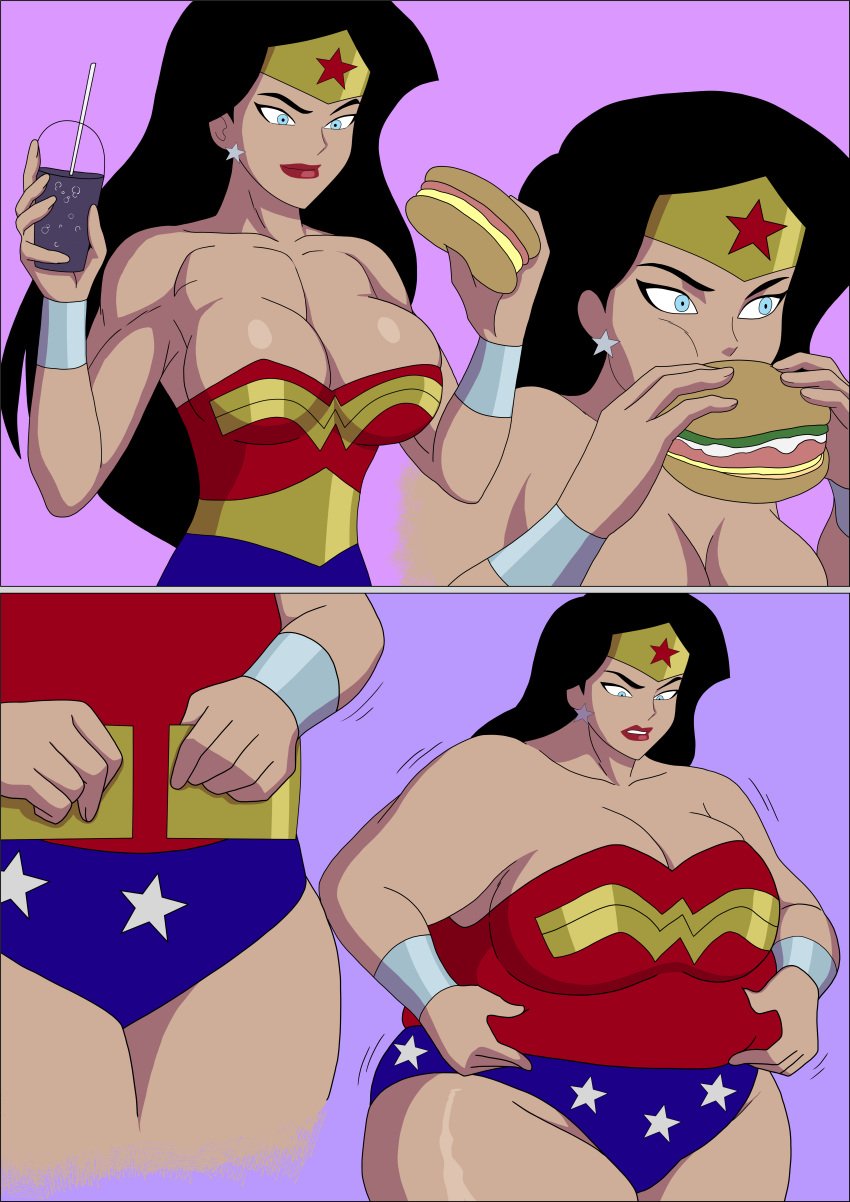 1girls bad_anatomy bbw big_breasts black_hair blue_eyes burger chewing chubby_female cleavage dc dc_comics dcau diana_prince drink eating eating_food fast_food fat female female_only fit_female food huge_breasts justice_league justice_league_unlimited long_hair muscular_female overweight overweight_female red_lipstick star_earrings thick_thighs weight_gain wide_hips wonder_woman wonder_woman_(dcau) wonder_woman_(series) zetarok