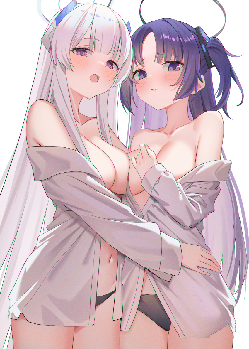 2girls absurdres asymmetrical_docking black_and_blue_halo black_panties blue_and_white_halo blue_archive blush breast_press breasts closed_mouth collarbone grey_hair halo highres large_breasts long_hair long_sleeves lookhow millennium_science_school_student multiple_girls navel noa_(blue_archive) off_shoulder open_mouth panties purple_eyes purple_hair seminar_(blue_archive) shirt simple_background two_side_up underwear very_long_hair white_background white_shirt yuri yuuka_(blue_archive)