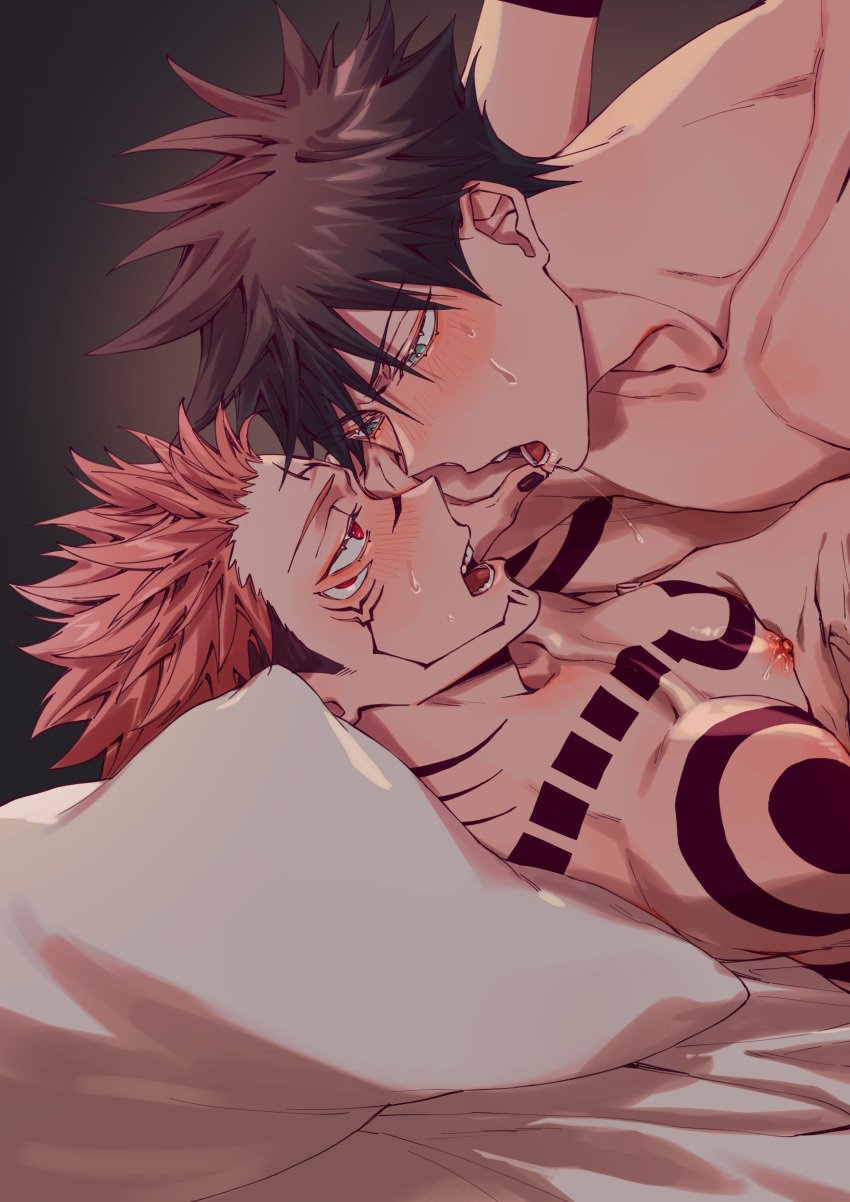 2boys azukiharuta_ju bed blush fushiguro_megumi gay implied_sex jujutsu_kaisen male male_only ryoumen_sukuna_(jujutsu_kaisen) sweat sweatdrop yaoi