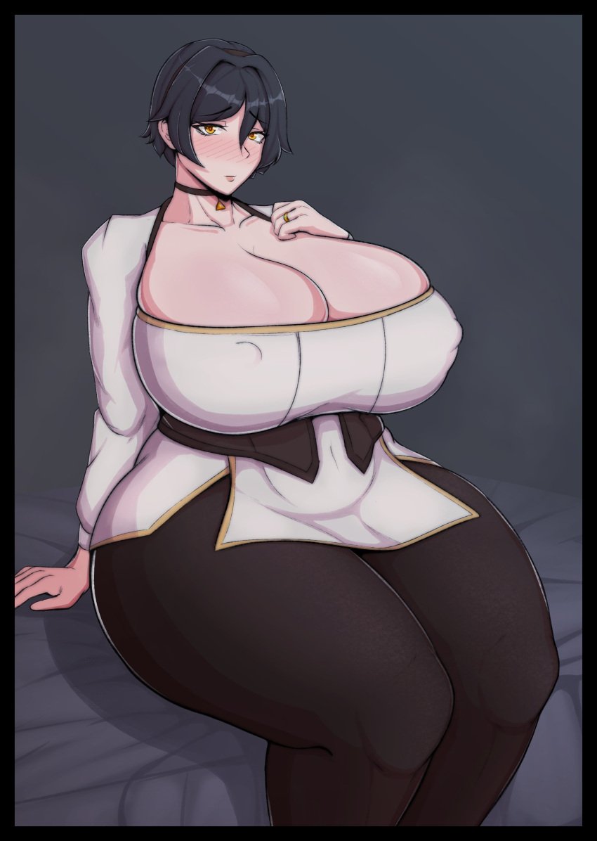 1girls bed big_breasts blush blush_lines blushing breasts busty choker cleavage curvaceous curvy curvy_body curvy_female curvy_figure female huge_breasts kamu33 large_breasts original original_character ring short_hair thick_thighs thighs voluptuous