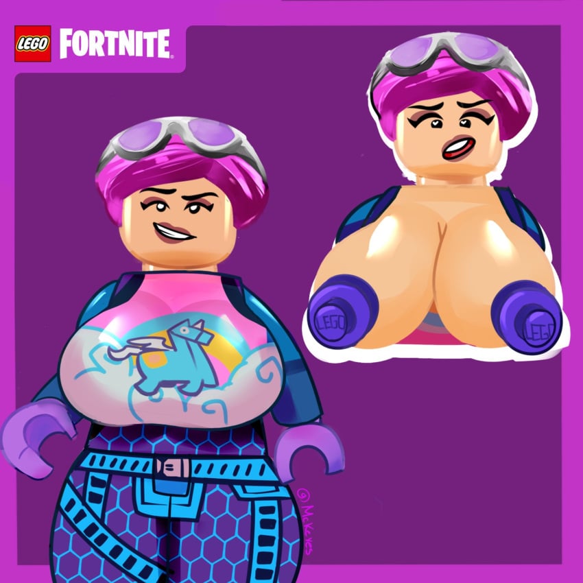 1girls big_breasts breasts brite_bomber busty clothed clothed_female clothing epic_games female female_only fortnite heart-shaped_pupils heart_eyes lego lego_brite_bomber lego_odyssey mckeyes nipples pink_hair purple_background purple_nipples smile tagme tits_out