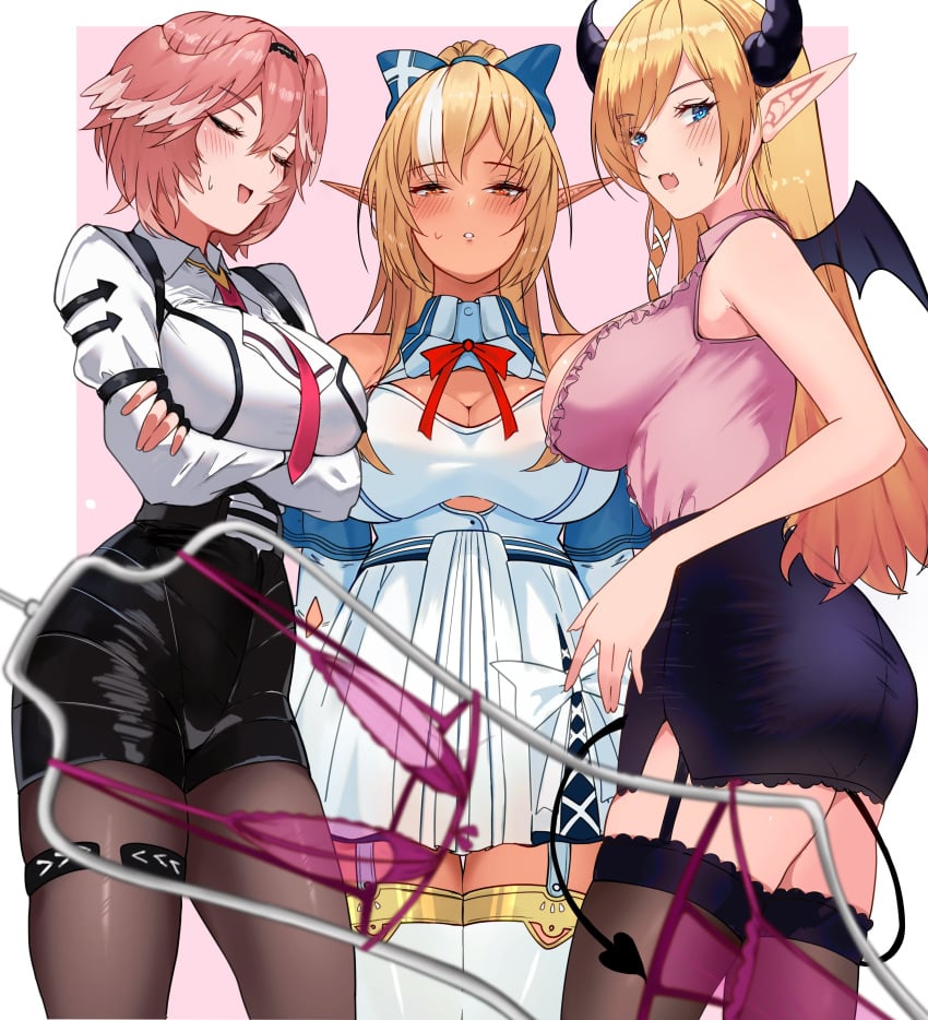 2023 3girls absurdres alternate_version_available black_horns black_skirt black_thighhighs blonde_hair blue_eyes blush bow bow_skirt bowtie breasts center_frills cleavage cleavage_cutout clothing_cutout criss-cross_back-straps criss-cross_halter cutout_above_navel dark-skinned_female dark_elf dark_skin demon_girl demon_horns demon_tail demon_wings detached_collar detached_sleeves elf female frilled_shirt frills garter_straps girls_reacting_to_bikini_(meme) hairbow halter_shirt halterneck high_ponytail highres hololive hololive_fantasy hololive_gen_2 hololive_japan holox horn_ornament horns lace-trimmed_legwear lace-trimmed_skirt lace-trimmed_thighhighs lace_trim large_bow large_breasts long_hair looking_at_viewer miniskirt multicolored_hair multiple_girls pantyhose pencil_skirt pink_shirt pleated_skirt pointy_ears ponytail red_bow red_bowtie red_eyes sfw_version shiranui_flare shiranui_flare_(1st_costume) shirt sidelocks single_sidelock skirt skirt_set sleeveless sleeveless_shirt streaked_hair succubus sweatdrop swept_bangs tail takane_lui takane_lui_(1st_costume) thighhighs tomo0843 virtual_youtuber white_garter_straps white_shirt white_skirt white_sleeves white_thighhighs wide_sleeves wings yuzuki_choco yuzuki_choco_(1st_costume)
