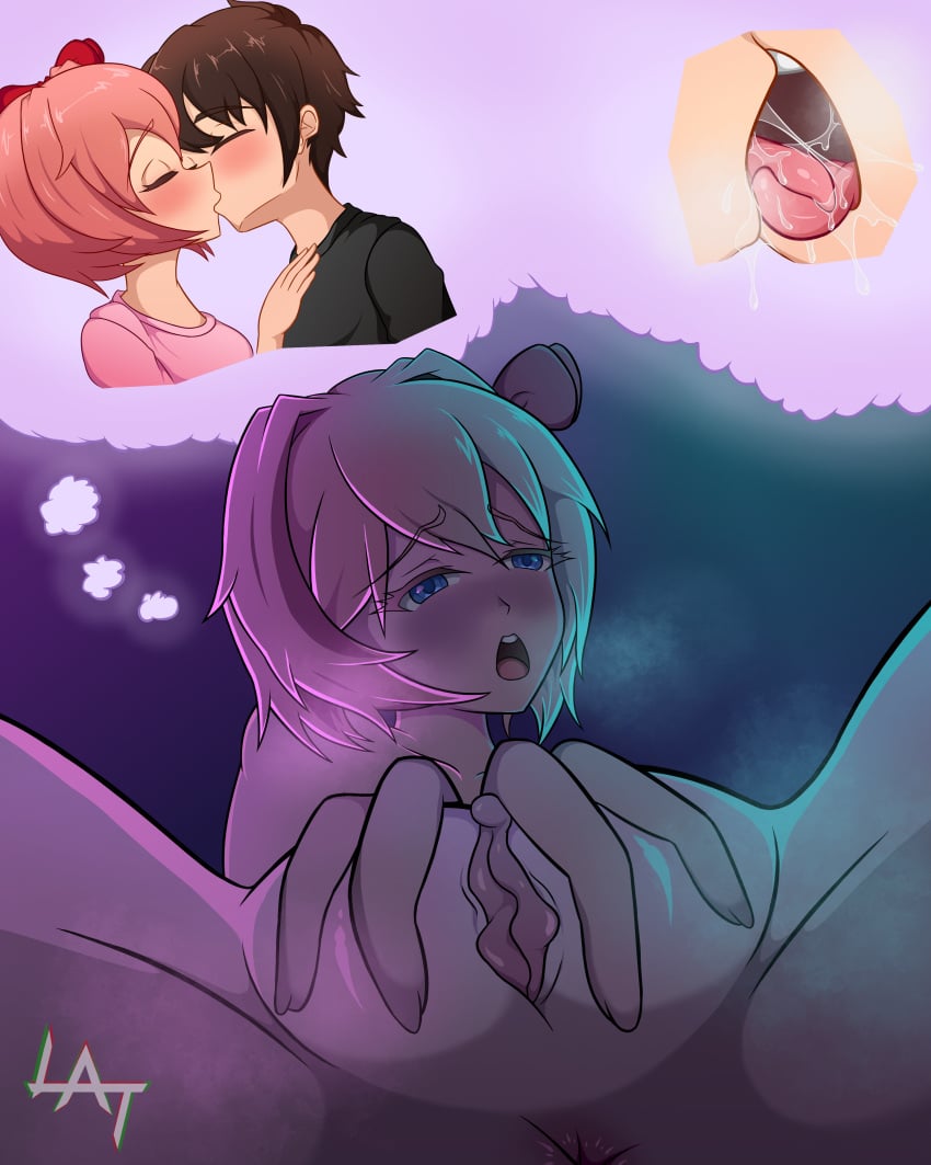 1boy 1girls anus blue_eyes blush bow completely_nude completely_nude_female couple doki_doki_literature_club female hair_bow imagining kissing latnemis male mc_(doki_doki_literature_club!) naked naked_female nude nude_female open_mouth pussy sayori_(doki_doki_literature_club) short_hair solo solo_female spread_legs steam thought_bubble tongue tongue_out