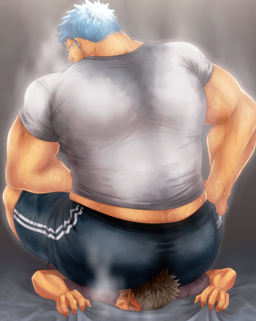 2boys artist_request big_ass big_dom_small_sub blush bulge facesitting gay gay_domination huge_ass muscular muscular_male no_visible_genitalia penis_bulge sitting_on_person size_difference smell smelly steam steaming_body steamy streaming sweat sweating sweaty sweaty_body sweaty_butt ta_koazuma yaoi