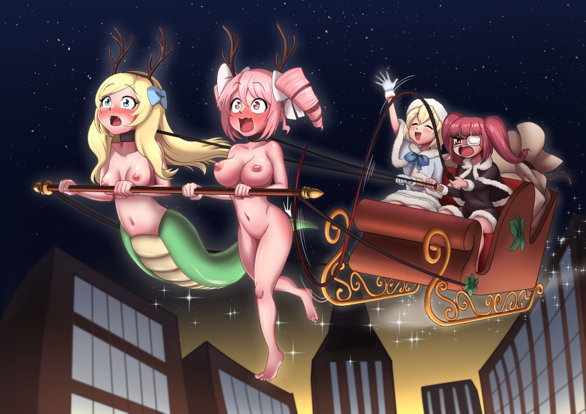 4girls bag bare_breasts barefoot belly_button blonde_hair blue_eyes blush bow_ribbon breasts christmas city city_background cityscape clothed clothed_female collar commission commission_art commissioner_upload cuuki0 drill_hair eye_patch fangs female female_only flying gift_bag gloves hair_ribbon hanazono_yurine jashin-chan jashin-chan_dropkick lamia large_breasts leash long_hair monster_girl multiple_girls navel night night_sky nipples nude nude_female nude_female_clothed_female nudity pekora_(jashin-chan_dropkick) pink_eyes pink_hair pino_(jashin-chan_dropkick) pulling_sleigh red_eyes red_hair reindeer_antlers reindeer_costume short_hair sleigh snake_girl snake_tail stars tagme twintails whip whipped whipping whipping_butt whipping_marks winter_clothes yelling