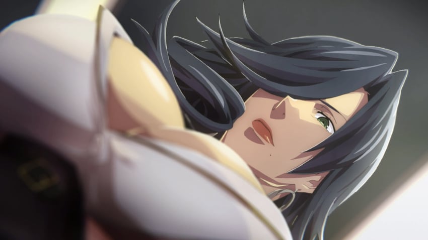 amamiya_tsubaki big_breasts black_hair busty cleavage female_focus female_only god_eater huge_breasts looking_down mommy mommy_dom screencap screenshot white_suit woman_in_suit woman_only