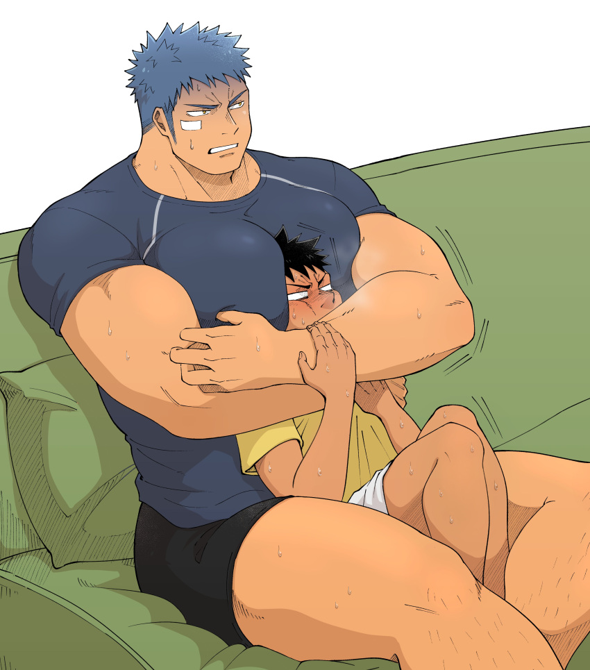 2boys angry artist_request bara big_pecs couple dilf gay gay_domination hug hug_from_behind male male_only muscular muscular_male pec_smothering pecs pectorals size_difference sweat sweating sweaty sweaty_body ta_koazuma yaoi