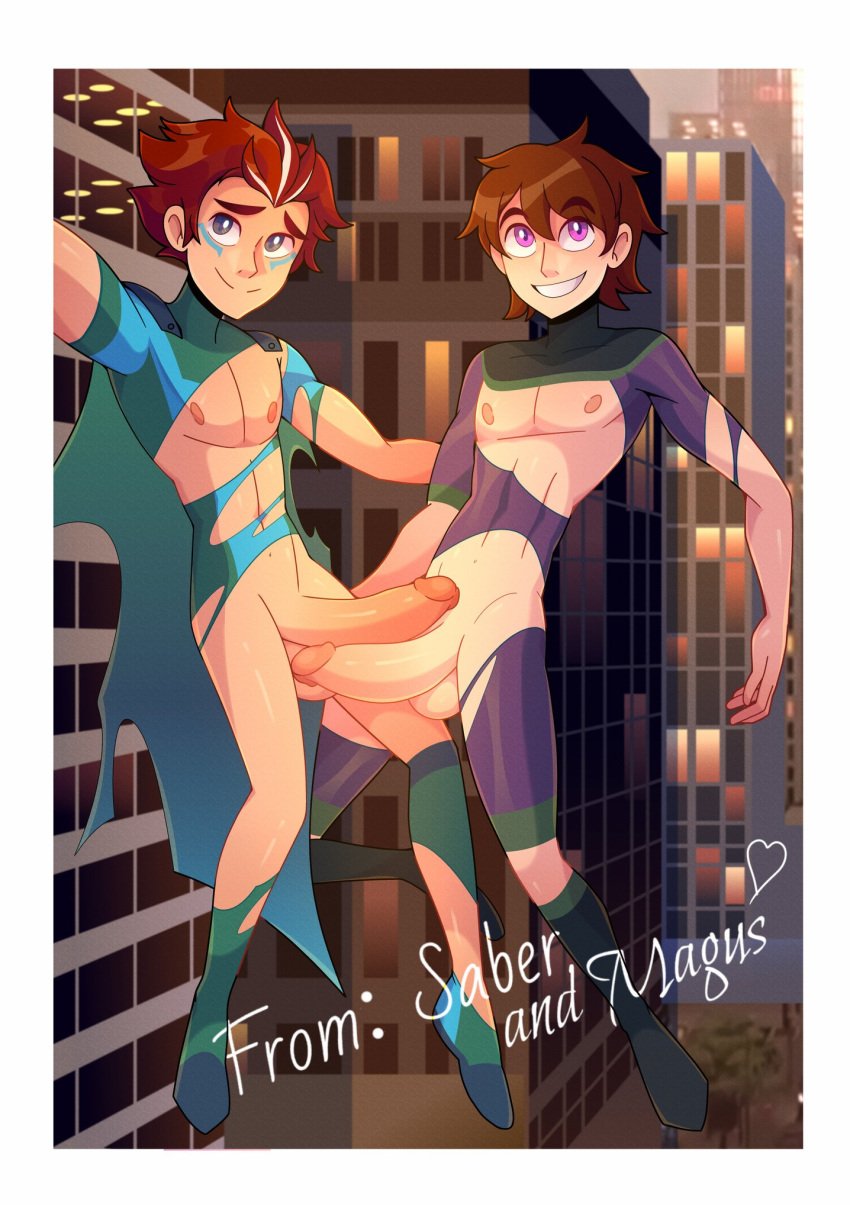 2023 2boys autograph balls big_penis city_background commission definetelyyuu gay iamyuu oc original original_characters photo superhero torn_bodysuit torn_cape torn_clothes yuunsfw