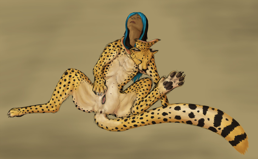 anus cheetah closed_eyes costume feline female feral hi_res hindpaw human mammal masturbation paws pussy solo transformation unstableimagination