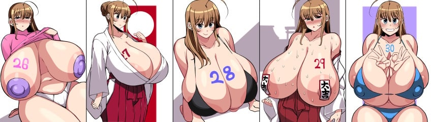 1girls 2022 ahoge areola areola_slip areolae big_areola big_breasts bikini black_bikini blue_bikini blue_eyes blush breast_focus breasts brown_hair bursting_breasts cleavage cleavage_overflow curvaceous curvy curvy_figure edit edited female female_focus front_view gigantic_breasts huge_areolae huge_breasts hyper_breasts komusou_(jinrikisha) large_areolae large_breasts light_brown_hair long_hair looking_at_viewer massive_areolae massive_breasts mature_female miko miko_outfit nipple_bulge number number_on_body oc ok_sign ooba_minori original original_character overflowing_breasts pale-skinned_female pale_skin pasties peace_sign presenting_breasts shirt_lift smile solo solo_focus sweat sweatdrop sweating sweaty sweaty_body sweaty_breasts thick_thighs third-party_edit top_heavy topwear white_border