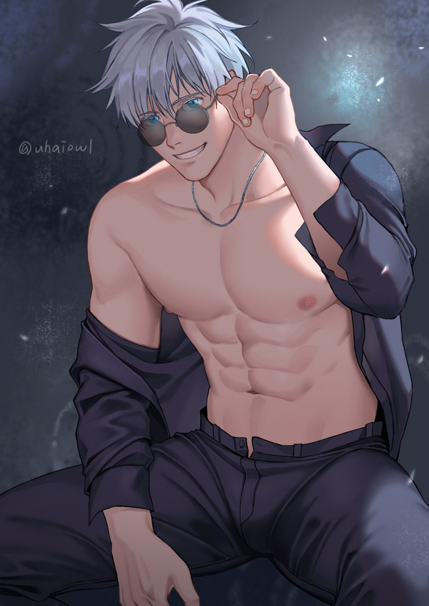 1boy adjusting_eyewear adjusting_glasses adjusting_sunglasses jujutsu_kaisen looking_over_eyewear looking_over_glasses looking_over_sunglasses male male_only muscular_male satoru_gojo solo solo_male sunglasses tinted_eyewear uhai