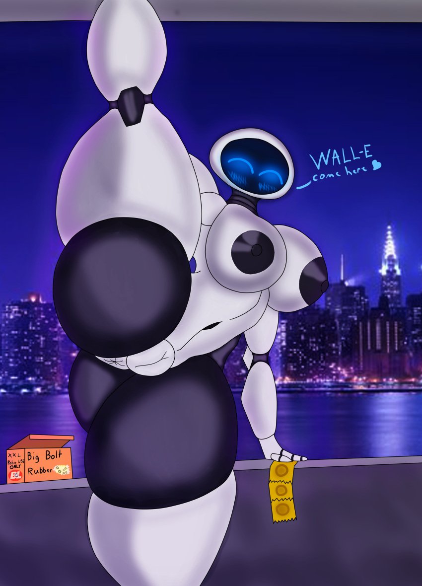 1girls anus ass big_ass blue_blush blushing city condom detailed_background eve_(wall-e) female happy happy_female inviting inviting_to_sex large_breasts large_thighs leg_lift leg_up looking_back pewpew74 pixar robot robot_girl robot_humanoid self_upload unseen_character vagina wall-e wall-e_(character) watermark