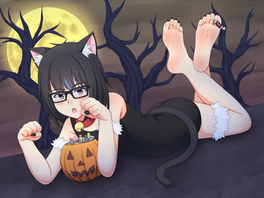 1girls barefoot black_dress black_nails black_toenails cat_ears catgirl dragon_girl feet foot_fetish foot_focus girly goth halloween louise_(lululewd) lululewd night solo_female toenail_polish toenails toes