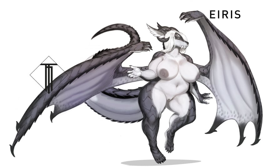 anthro big_breasts breasts claws dragon eiris female hair hi_res looking_at_viewer nude pussy scalie solo taihab voluptuous watermark wings