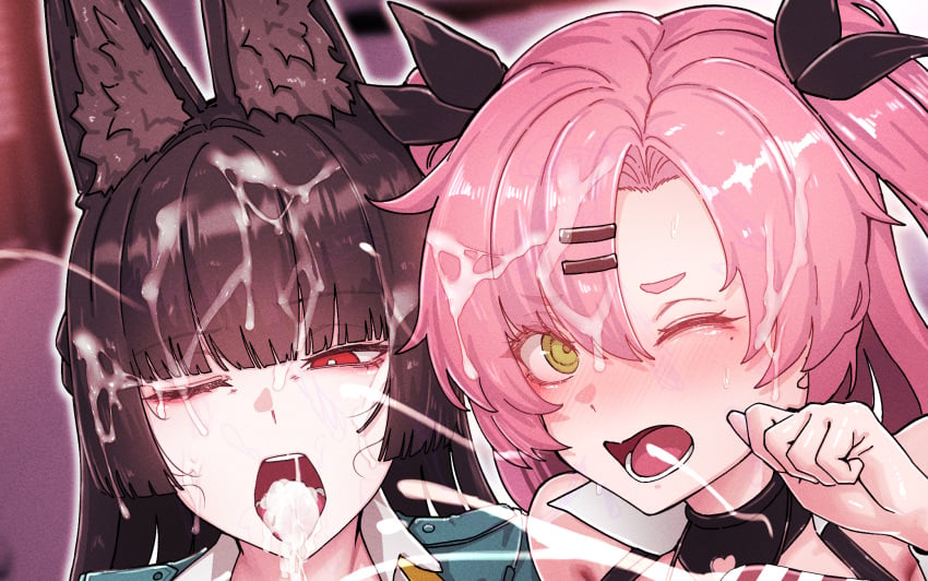 1boy 2girls animal_ear_fluff animal_ears bar_censor black_hair black_ribbon blush censored commentary cropped cum cum_in_mouth cum_on_body cum_on_hair ejaculation english_commentary facial fox_ears fox_girl green_eyes hair_ornament hair_ribbon hairclip hetero highres horori_(halloweenday309) hoshimi_miyabi long_hair mole mole_under_eye multiple_girls nicole_demara one_eye_closed open_mouth penis pink_hair red_eyes ribbon teeth tongue two_side_up zenless_zone_zero