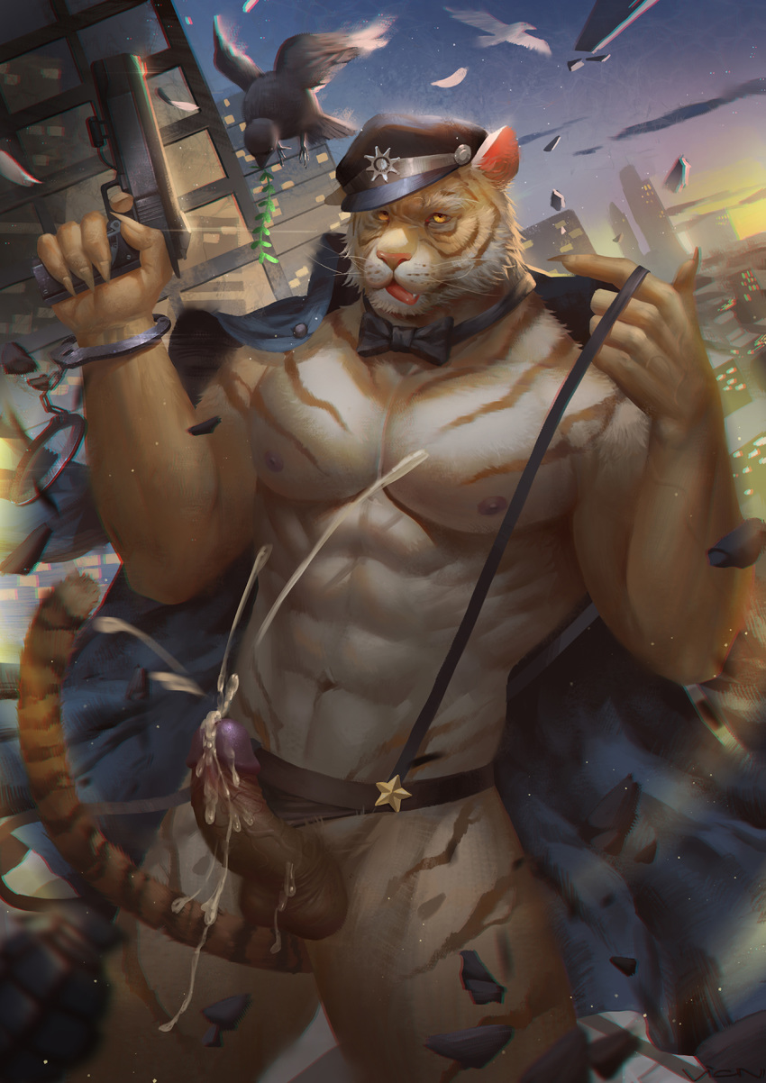 abs anthro avian balls bird cum erection feline gun hi_res male male_only mammal muscular muscular_male nipples pecs penis ranged_weapon tiger vian weapon