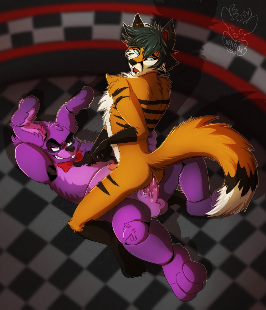 2016 animatronic anthro bonnie_(fnaf) canine duo five_nights_at_freddy's fox fur highres lagomorph lying machine male male_only mammal nude penetration penis rabbit robot sex stripe teeth xnirox yaoi