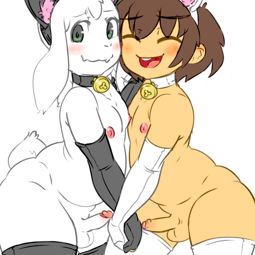 animal_ears asriel_dreemurr balls bell bell_collar blush boss_monster caprine cat_ears collar duo elbow_gloves erection fake_animal_ears fake_ears femboy frisk furry gloves goat hand_holding human humanoid_penis legwear long_ears male mammal mostly_nude penis railroad_mejic thighhighs trap trap_on_trap uncut undertale yaoi