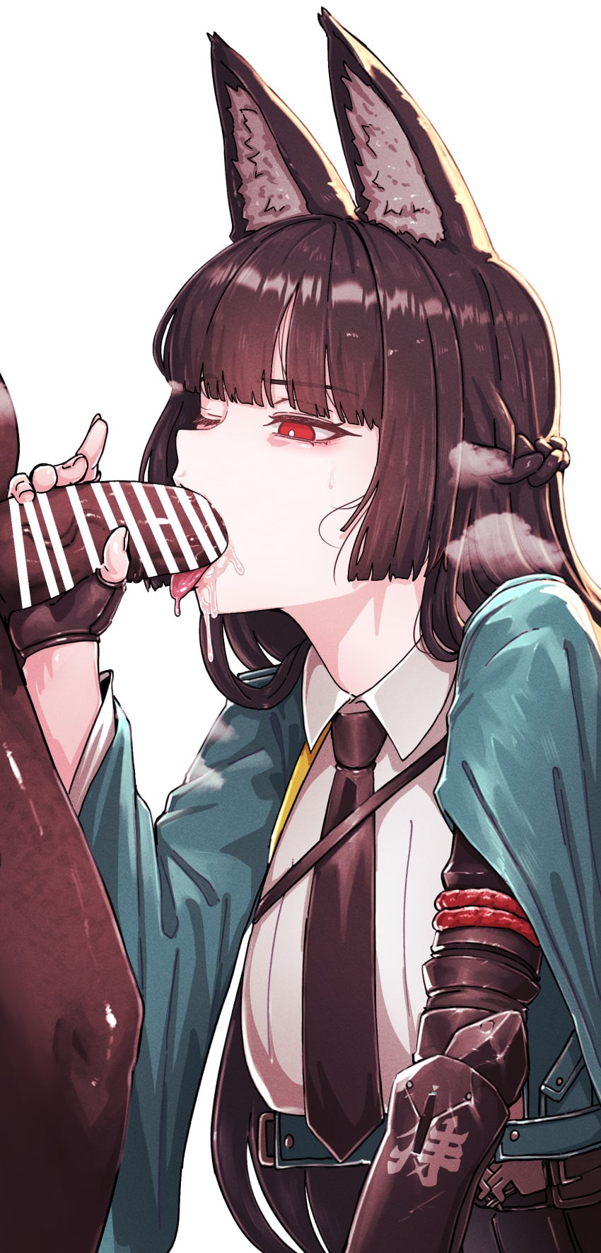 1boy 1girl absurdres animal_ear_fluff animal_ears aqua_jacket arm_out_of_sleeve bar_censor black_hair black_necktie censored dark-skinned_male dark_skin fellatio fox_ears fox_girl hetero highres horori_(halloweenday309) hoshimi_miyabi jacket long_hair necktie open_mouth oral penis red_eyes saliva shirt simple_background tongue tongue_out white_background white_shirt zenless_zone_zero